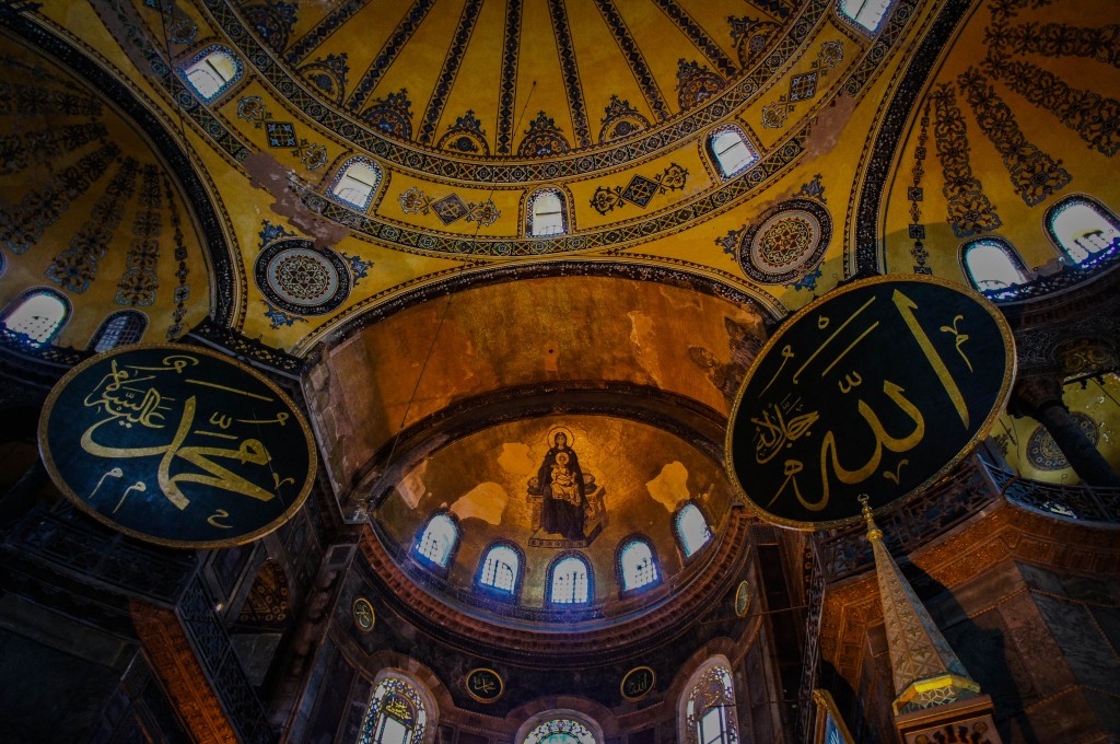 Islam and Christianity sit alongside one another inside the Aya Sofya.