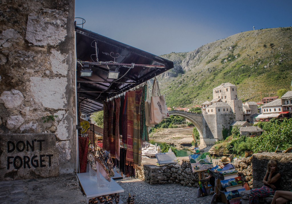 Souvenir shops with the rebuilt Stari Most bridge in the background. 