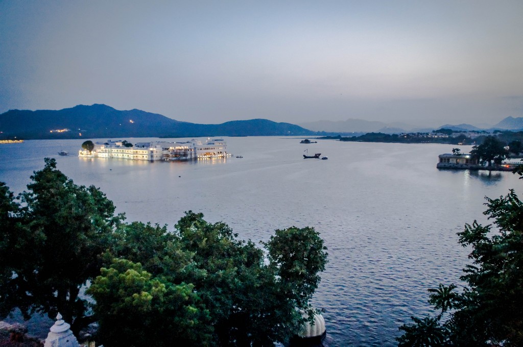 Lake Pichola under an almost full moon.