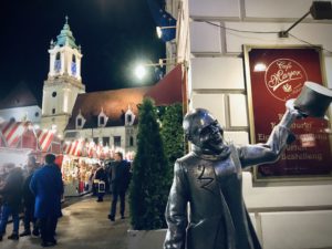 Statue welcoming visitors to Bratislava Christmas Markets
